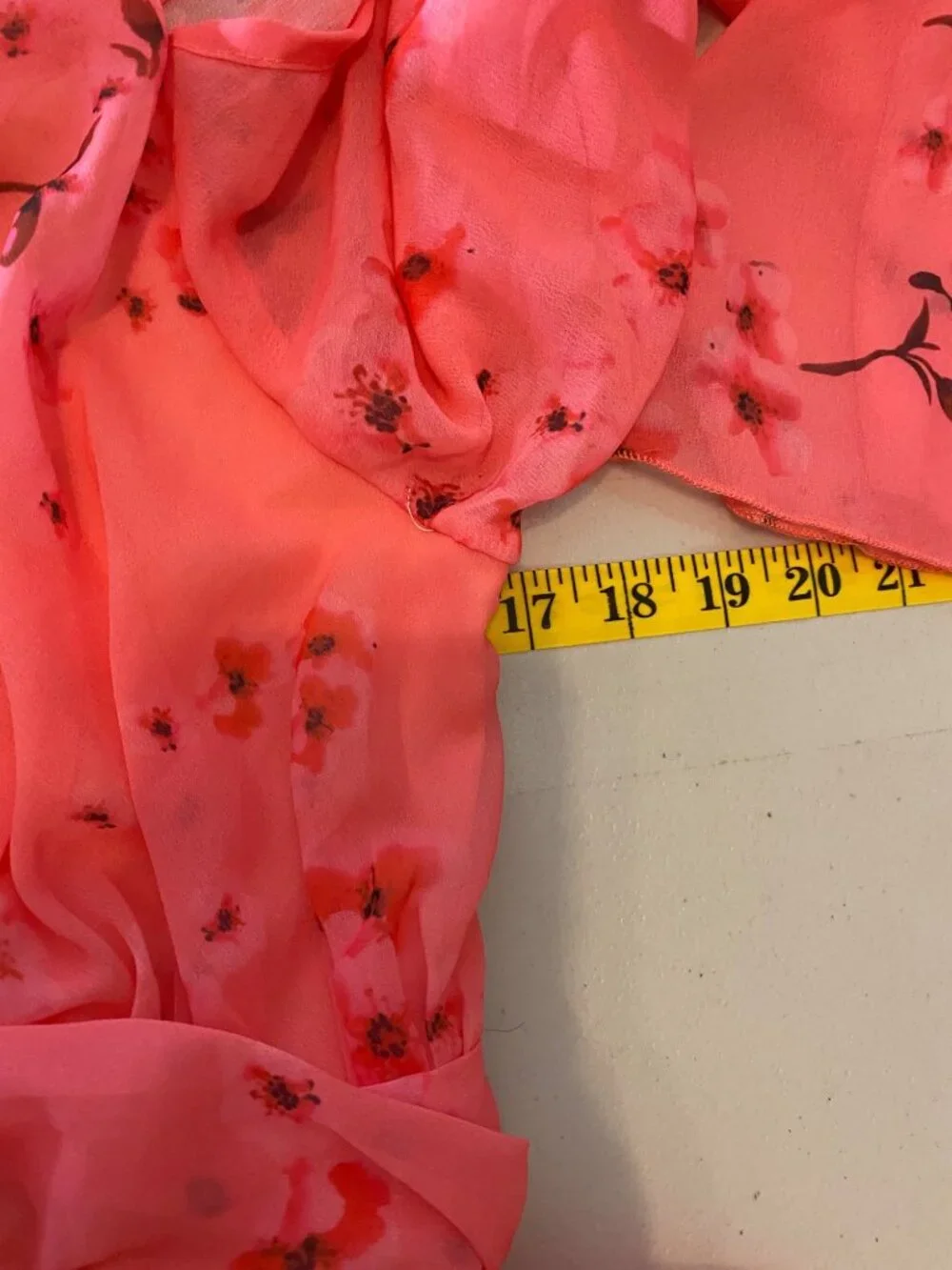 Floral Coral Pink Maxi Dress Sheer Bell Sleeves V-Neck Waist Tie XL - Picture 8 of 11